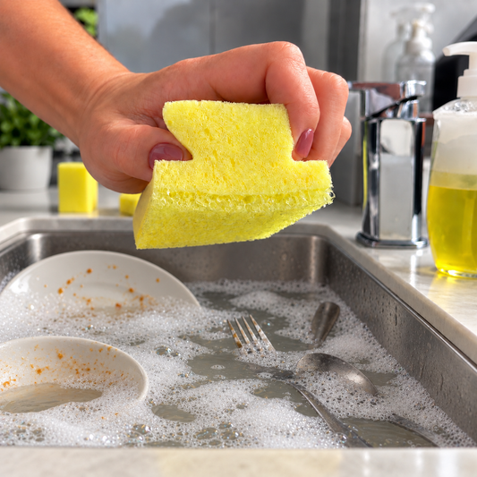 Holding a yellow Scrub Ups sponge at the kitchen sink