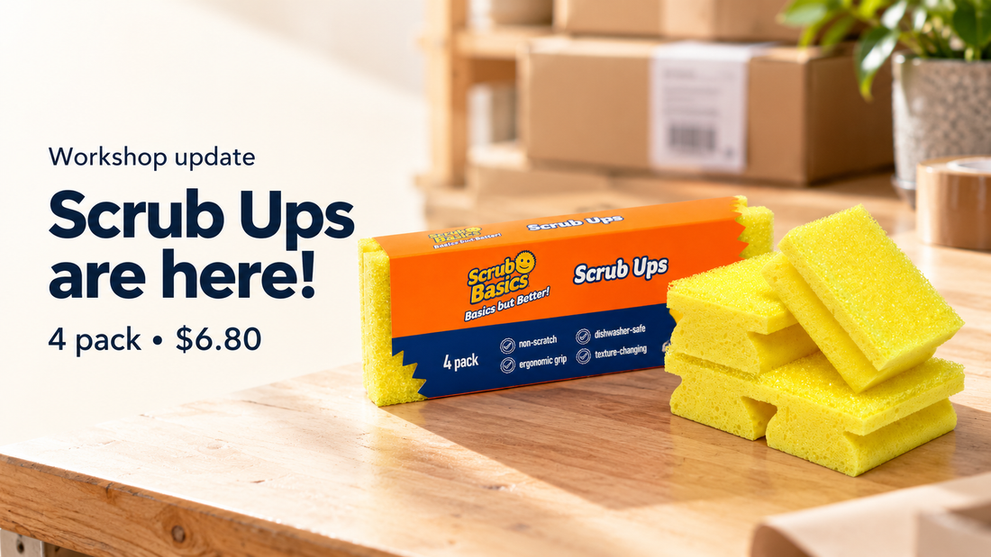 Scrub Ups four-pack and yellow sponges on a workshop bench — four for $6.80