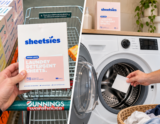 Sheetsies laundry detergent sheets at Bunnings and in use at home